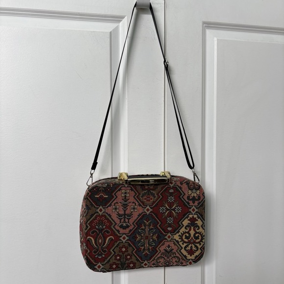 Vintage 80s 90s Y2K Needlepoint Tapestry Purse Handbag Structured Travel Case - Picture 2 of 15